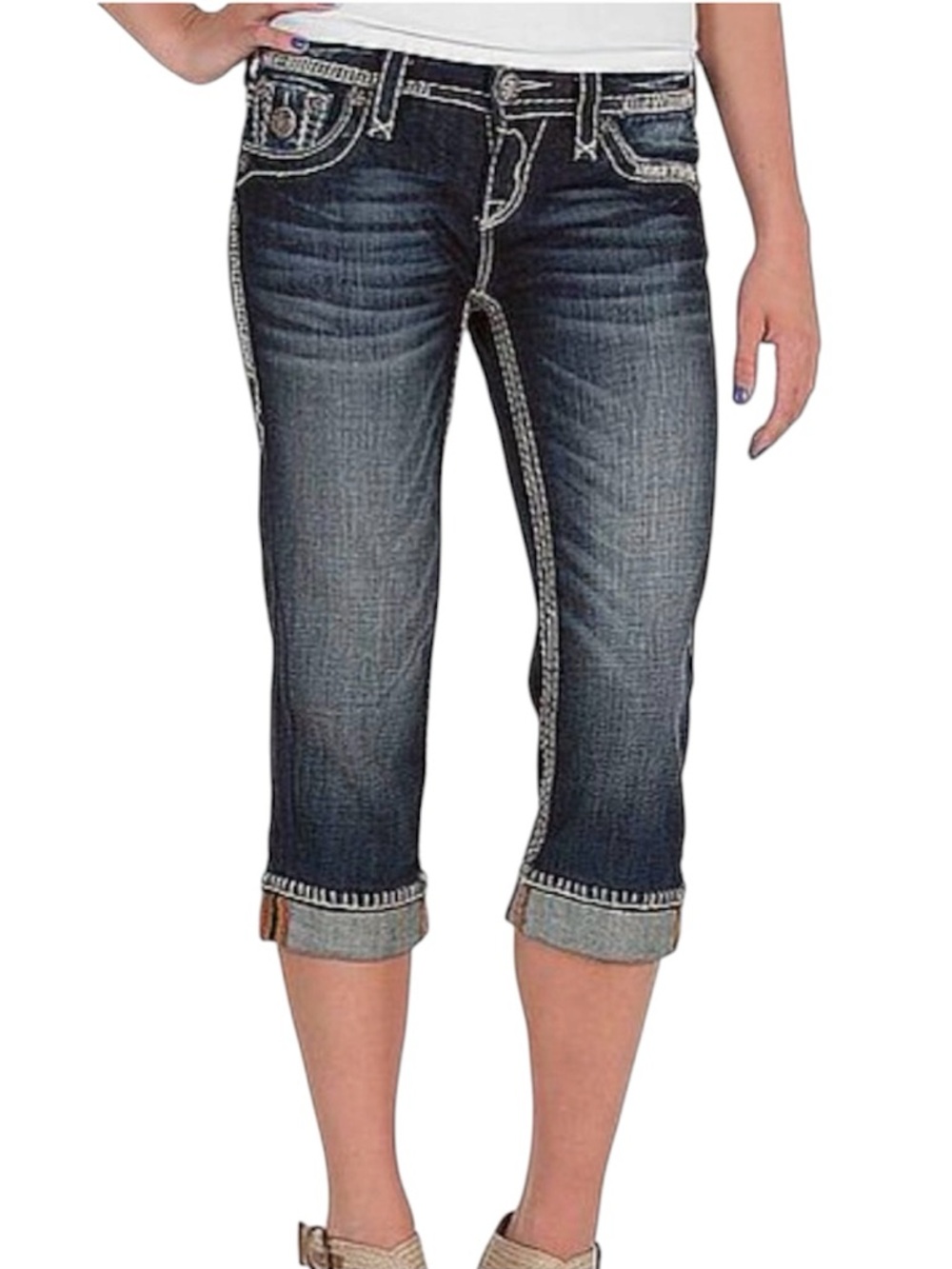 Rock Revival Kella Capri Jeans Contrast Stitch Y2K Western Glam Cuffed Crop 27